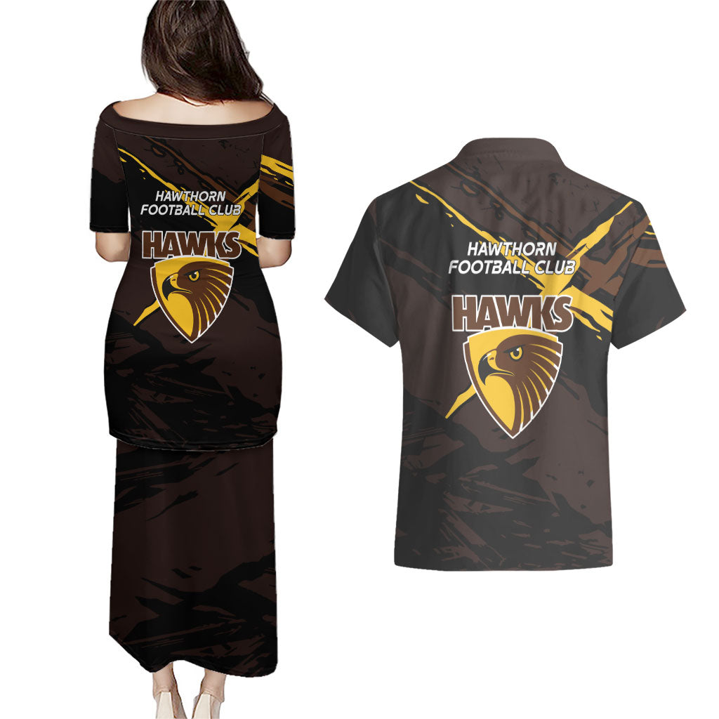 Hawthorn Football Club Couples Matching Puletasi and Hawaiian Shirt Hawks Muscular Mascot Graphic - Abstract Paint Splatter Art