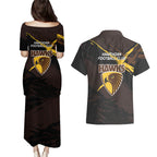 Hawthorn Football Club Couples Matching Puletasi and Hawaiian Shirt Hawks Muscular Mascot Graphic - Abstract Paint Splatter Art