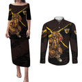 Hawthorn Football Club Couples Matching Puletasi and Long Sleeve Button Shirt Hawks Muscular Mascot Graphic - Abstract Paint Splatter Art
