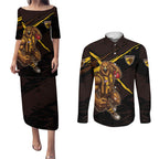 Hawthorn Football Club Couples Matching Puletasi and Long Sleeve Button Shirt Hawks Muscular Mascot Graphic - Abstract Paint Splatter Art