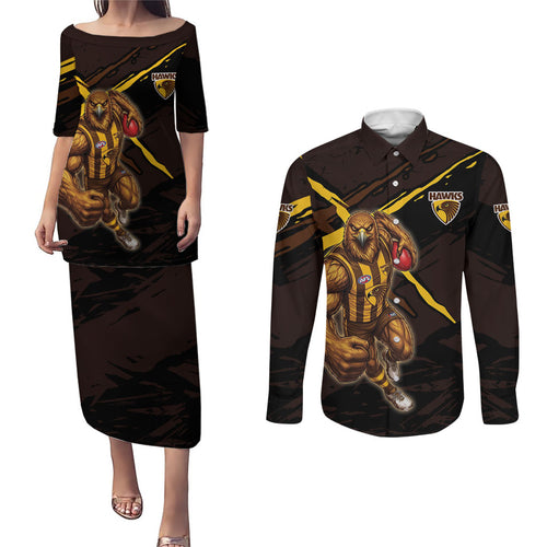 Hawthorn Football Club Couples Matching Puletasi and Long Sleeve Button Shirt Hawks Muscular Mascot Graphic - Abstract Paint Splatter Art