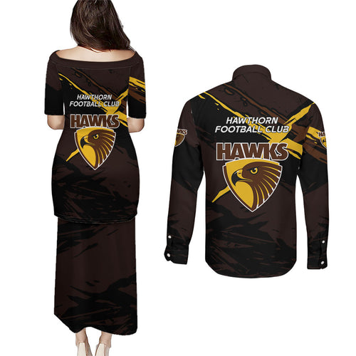 Hawthorn Football Club Couples Matching Puletasi and Long Sleeve Button Shirt Hawks Muscular Mascot Graphic - Abstract Paint Splatter Art