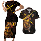 Hawthorn Football Club Couples Matching Short Sleeve Bodycon Dress and Hawaiian Shirt Hawks Muscular Mascot Graphic - Abstract Paint Splatter Art