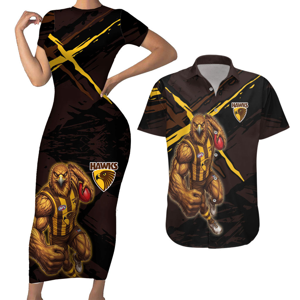 Hawthorn Football Club Couples Matching Short Sleeve Bodycon Dress and Hawaiian Shirt Hawks Muscular Mascot Graphic - Abstract Paint Splatter Art