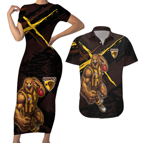 Hawthorn Football Club Couples Matching Short Sleeve Bodycon Dress and Hawaiian Shirt Hawks Muscular Mascot Graphic - Abstract Paint Splatter Art