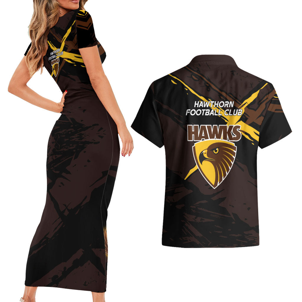 Hawthorn Football Club Couples Matching Short Sleeve Bodycon Dress and Hawaiian Shirt Hawks Muscular Mascot Graphic - Abstract Paint Splatter Art
