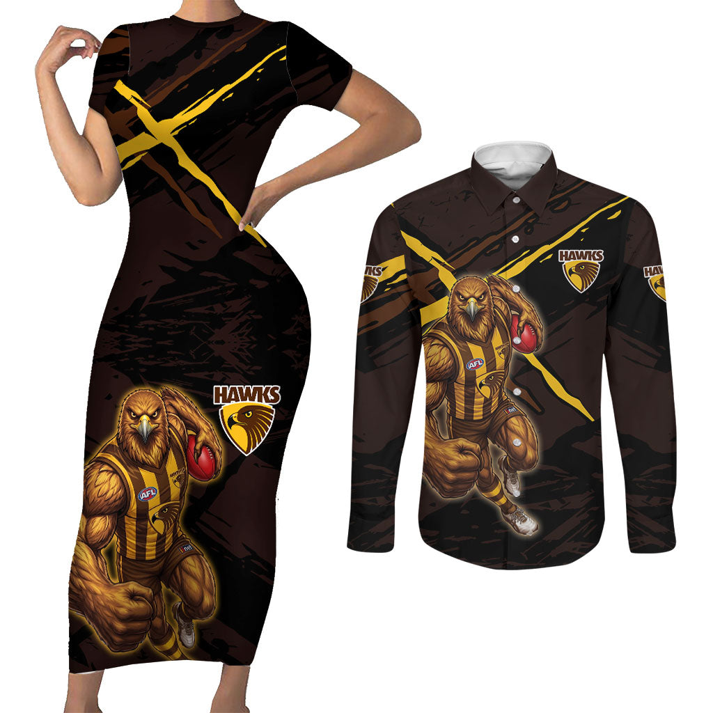 Hawthorn Football Club Couples Matching Short Sleeve Bodycon Dress and Long Sleeve Button Shirt Hawks Muscular Mascot Graphic - Abstract Paint Splatter Art