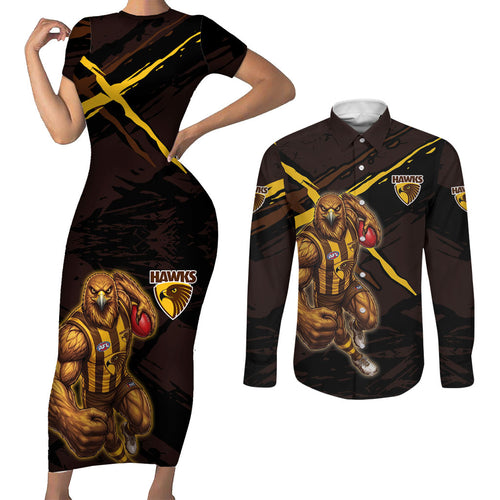 Hawthorn Football Club Couples Matching Short Sleeve Bodycon Dress and Long Sleeve Button Shirt Hawks Muscular Mascot Graphic - Abstract Paint Splatter Art
