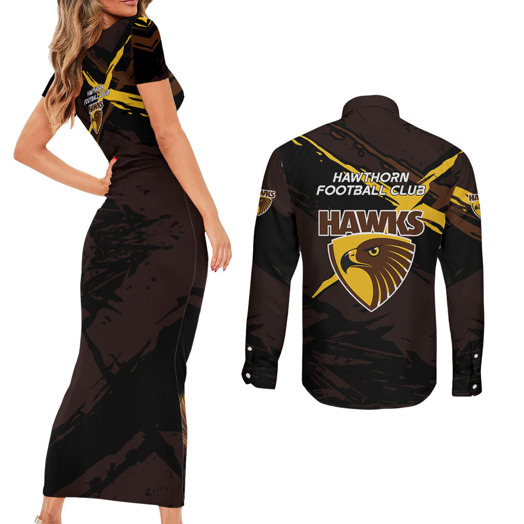 Hawthorn Football Club Couples Matching Short Sleeve Bodycon Dress and Long Sleeve Button Shirt Hawks Muscular Mascot Graphic - Abstract Paint Splatter Art