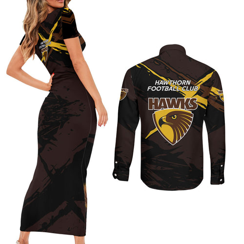 Hawthorn Football Club Couples Matching Short Sleeve Bodycon Dress and Long Sleeve Button Shirt Hawks Muscular Mascot Graphic - Abstract Paint Splatter Art