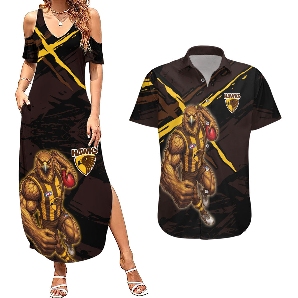 Hawthorn Football Club Couples Matching Summer Maxi Dress and Hawaiian Shirt Hawks Muscular Mascot Graphic - Abstract Paint Splatter Art
