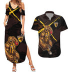 Hawthorn Football Club Couples Matching Summer Maxi Dress and Hawaiian Shirt Hawks Muscular Mascot Graphic - Abstract Paint Splatter Art