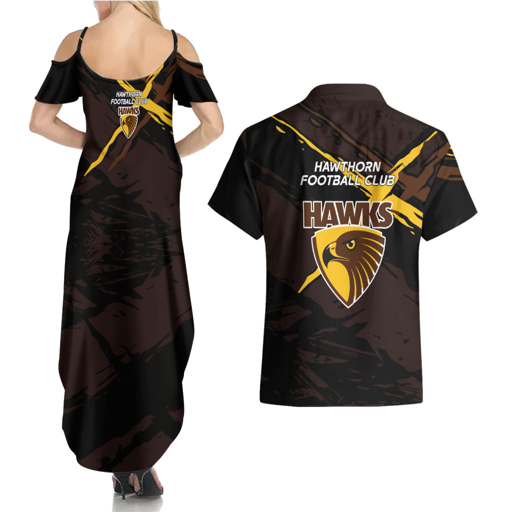 Hawthorn Football Club Couples Matching Summer Maxi Dress and Hawaiian Shirt Hawks Muscular Mascot Graphic - Abstract Paint Splatter Art