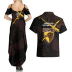Hawthorn Football Club Couples Matching Summer Maxi Dress and Hawaiian Shirt Hawks Muscular Mascot Graphic - Abstract Paint Splatter Art