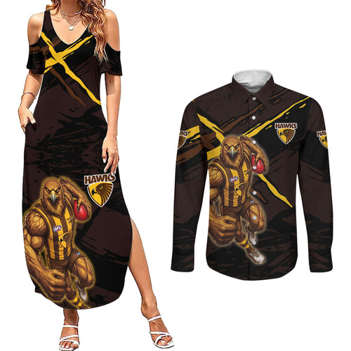 Hawthorn Football Club Couples Matching Summer Maxi Dress and Long Sleeve Button Shirt Hawks Muscular Mascot Graphic - Abstract Paint Splatter Art
