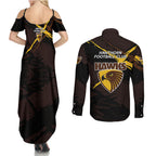 Hawthorn Football Club Couples Matching Summer Maxi Dress and Long Sleeve Button Shirt Hawks Muscular Mascot Graphic - Abstract Paint Splatter Art