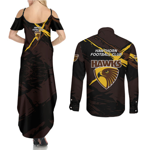 Hawthorn Football Club Couples Matching Summer Maxi Dress and Long Sleeve Button Shirt Hawks Muscular Mascot Graphic - Abstract Paint Splatter Art