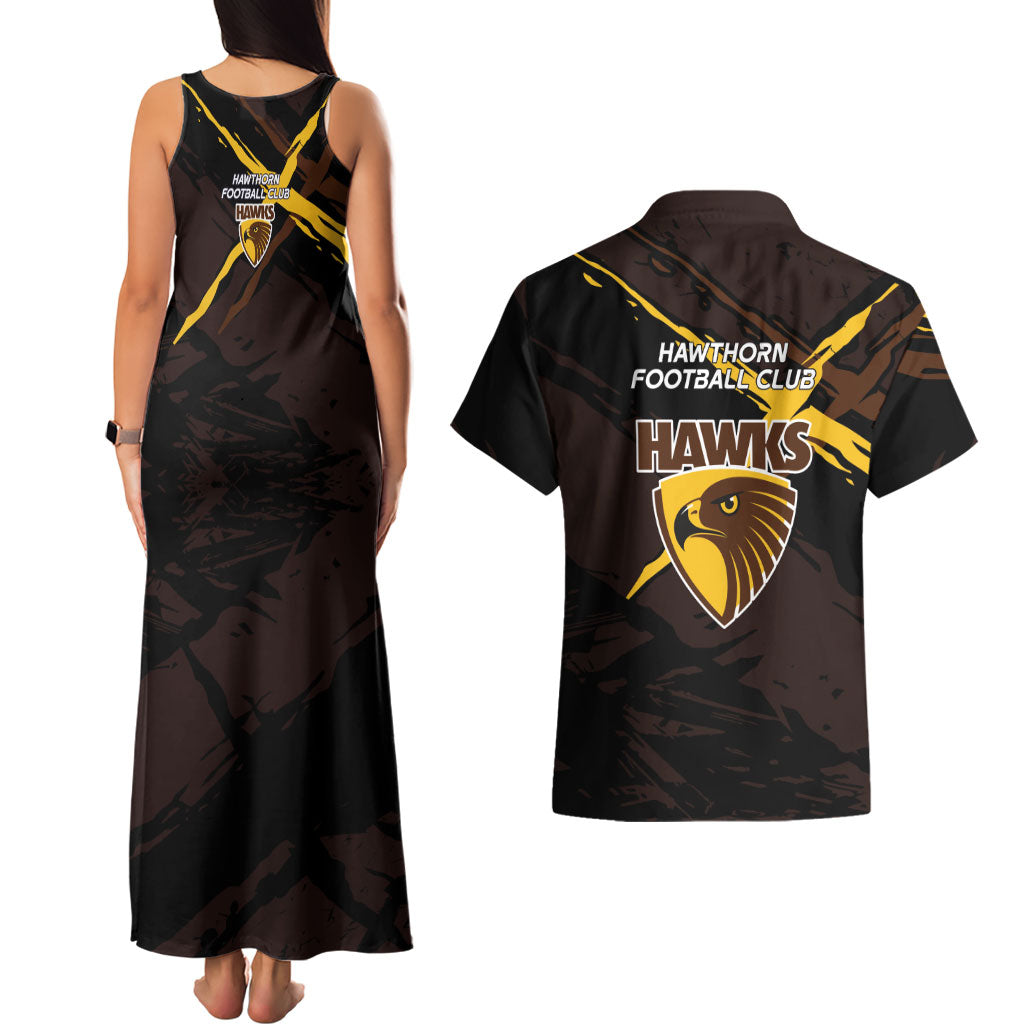 Hawthorn Football Club Couples Matching Tank Maxi Dress and Hawaiian Shirt Hawks Muscular Mascot Graphic - Abstract Paint Splatter Art
