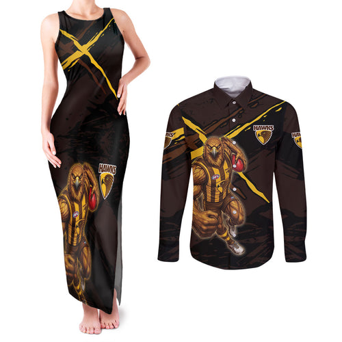 Hawthorn Football Club Couples Matching Tank Maxi Dress and Long Sleeve Button Shirt Hawks Muscular Mascot Graphic - Abstract Paint Splatter Art