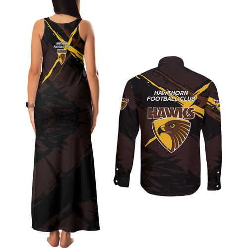 Hawthorn Football Club Couples Matching Tank Maxi Dress and Long Sleeve Button Shirt Hawks Muscular Mascot Graphic - Abstract Paint Splatter Art