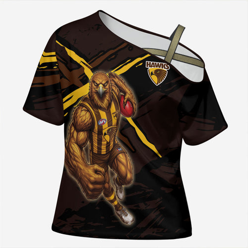 Hawthorn Football Club Cross Shoulder Shirt Hawks Muscular Mascot Graphic - Abstract Paint Splatter Art