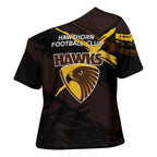 Hawthorn Football Club Cross Shoulder Shirt Hawks Muscular Mascot Graphic - Abstract Paint Splatter Art
