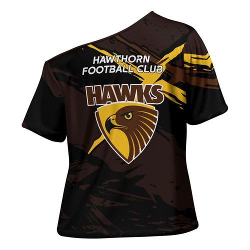 Hawthorn Football Club Cross Shoulder Shirt Hawks Muscular Mascot Graphic - Abstract Paint Splatter Art