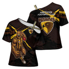Hawthorn Football Club Cross Shoulder Shirt Hawks Muscular Mascot Graphic - Abstract Paint Splatter Art