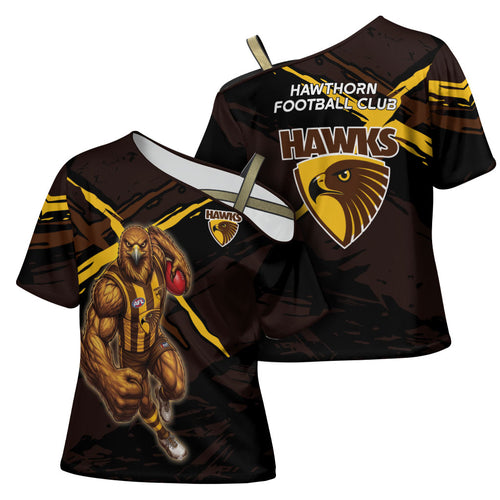 Hawthorn Football Club Cross Shoulder Shirt Hawks Muscular Mascot Graphic - Abstract Paint Splatter Art