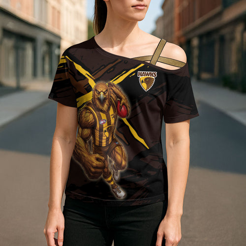 Hawthorn Football Club Cross Shoulder Shirt Hawks Muscular Mascot Graphic - Abstract Paint Splatter Art