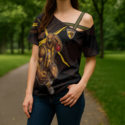 Hawthorn Football Club Cross Shoulder Shirt Hawks Muscular Mascot Graphic - Abstract Paint Splatter Art