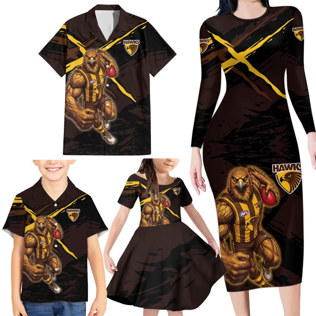 Hawthorn Football Club Family Matching Long Sleeve Bodycon Dress and Hawaiian Shirt Hawks Muscular Mascot Graphic - Abstract Paint Splatter Art