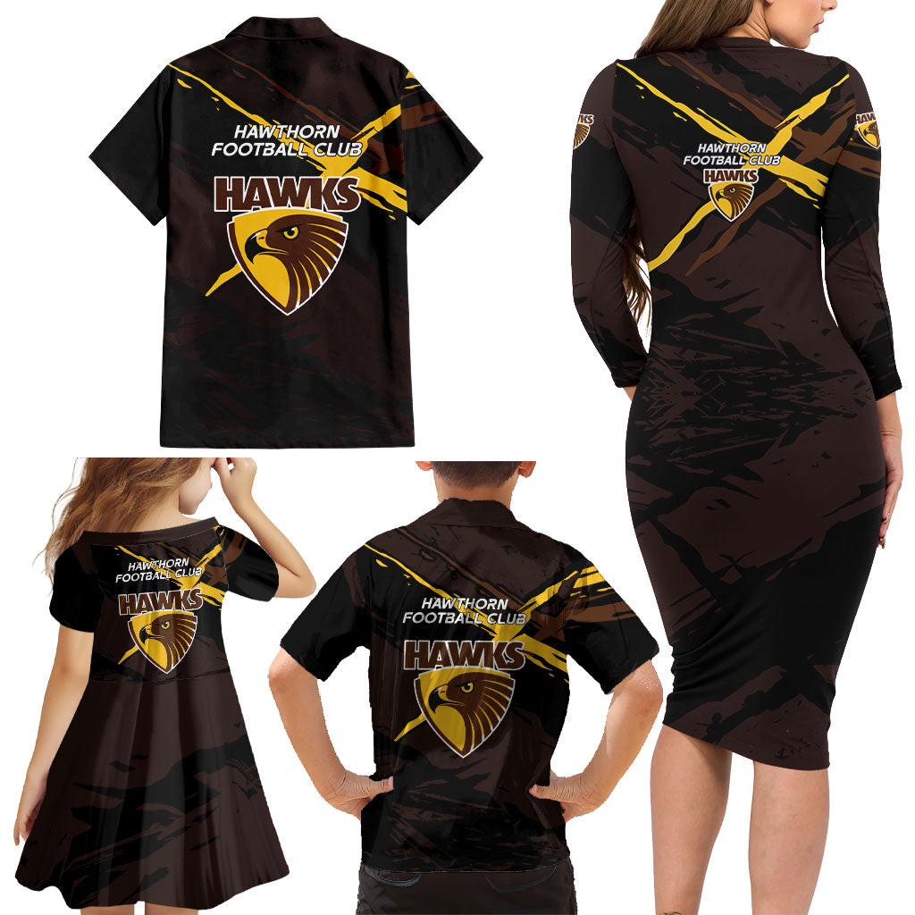 Hawthorn Football Club Family Matching Long Sleeve Bodycon Dress and Hawaiian Shirt Hawks Muscular Mascot Graphic - Abstract Paint Splatter Art