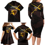 Hawthorn Football Club Family Matching Long Sleeve Bodycon Dress and Hawaiian Shirt Hawks Muscular Mascot Graphic - Abstract Paint Splatter Art