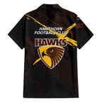 Hawthorn Football Club Family Matching Long Sleeve Bodycon Dress and Hawaiian Shirt Hawks Muscular Mascot Graphic - Abstract Paint Splatter Art