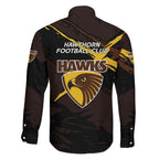 Hawthorn Football Club Family Matching Long Sleeve Bodycon Dress and Hawaiian Shirt Hawks Muscular Mascot Graphic - Abstract Paint Splatter Art