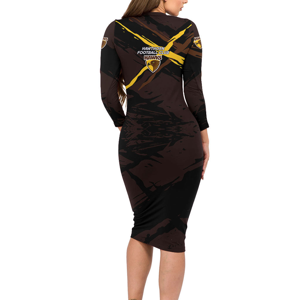 Hawthorn Football Club Family Matching Long Sleeve Bodycon Dress and Hawaiian Shirt Hawks Muscular Mascot Graphic - Abstract Paint Splatter Art