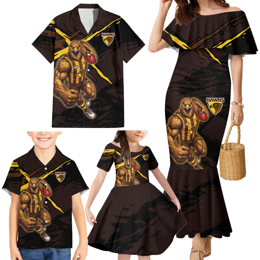 Hawthorn Football Club Family Matching Mermaid Dress and Hawaiian Shirt Hawks Muscular Mascot Graphic - Abstract Paint Splatter Art