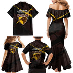 Hawthorn Football Club Family Matching Mermaid Dress and Hawaiian Shirt Hawks Muscular Mascot Graphic - Abstract Paint Splatter Art