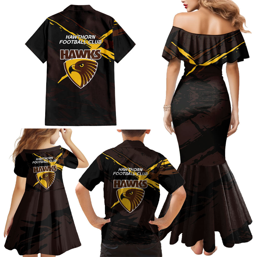 Hawthorn Football Club Family Matching Mermaid Dress and Hawaiian Shirt Hawks Muscular Mascot Graphic - Abstract Paint Splatter Art