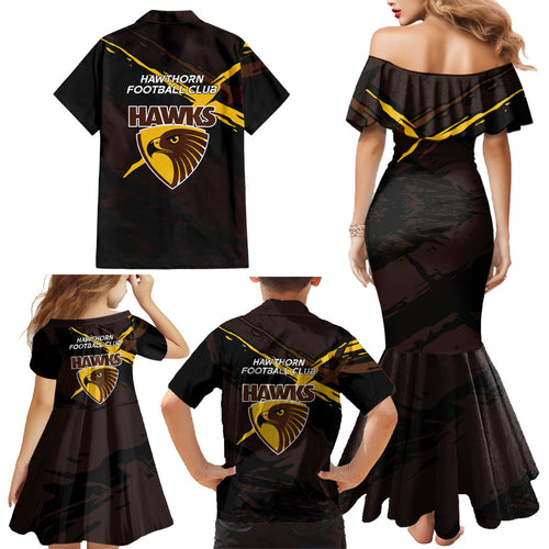 Hawthorn Football Club Family Matching Mermaid Dress and Hawaiian Shirt Hawks Muscular Mascot Graphic - Abstract Paint Splatter Art
