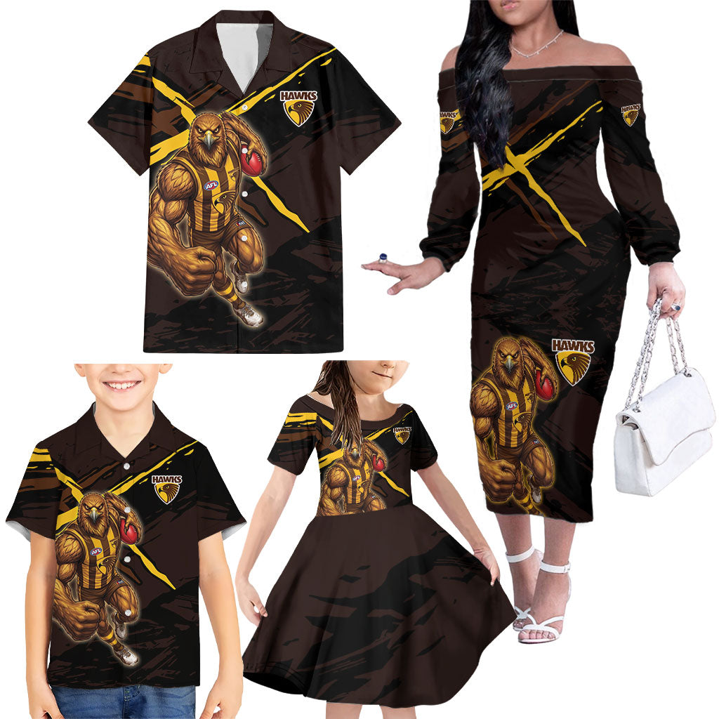 Hawthorn Football Club Family Matching Off The Shoulder Long Sleeve Dress and Hawaiian Shirt Hawks Muscular Mascot Graphic - Abstract Paint Splatter Art
