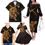 Hawthorn Football Club Family Matching Off The Shoulder Long Sleeve Dress and Hawaiian Shirt Hawks Muscular Mascot Graphic - Abstract Paint Splatter Art