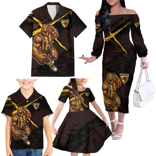 Hawthorn Football Club Family Matching Off The Shoulder Long Sleeve Dress and Hawaiian Shirt Hawks Muscular Mascot Graphic - Abstract Paint Splatter Art