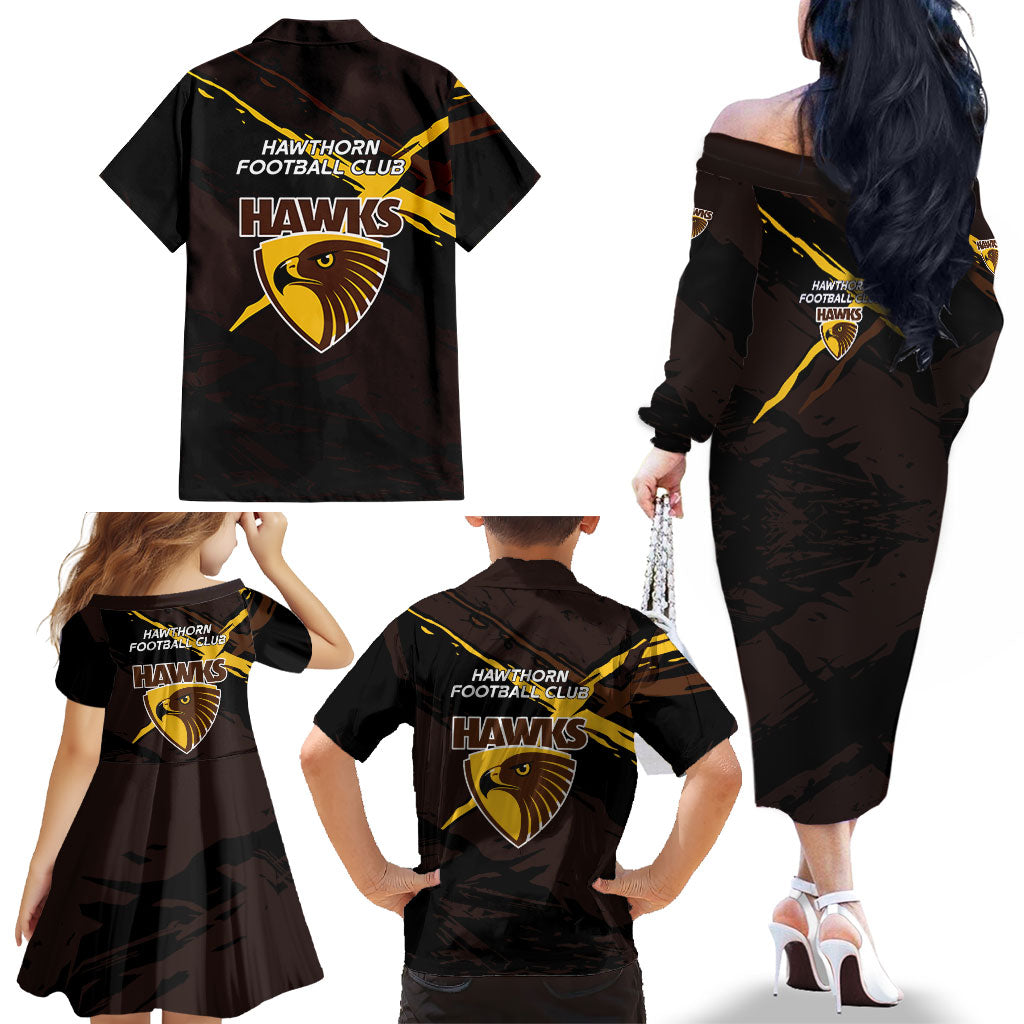 Hawthorn Football Club Family Matching Off The Shoulder Long Sleeve Dress and Hawaiian Shirt Hawks Muscular Mascot Graphic - Abstract Paint Splatter Art