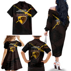 Hawthorn Football Club Family Matching Off The Shoulder Long Sleeve Dress and Hawaiian Shirt Hawks Muscular Mascot Graphic - Abstract Paint Splatter Art