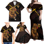 Hawthorn Football Club Family Matching Off Shoulder Maxi Dress and Hawaiian Shirt Hawks Muscular Mascot Graphic - Abstract Paint Splatter Art
