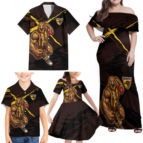 Hawthorn Football Club Family Matching Off Shoulder Maxi Dress and Hawaiian Shirt Hawks Muscular Mascot Graphic - Abstract Paint Splatter Art