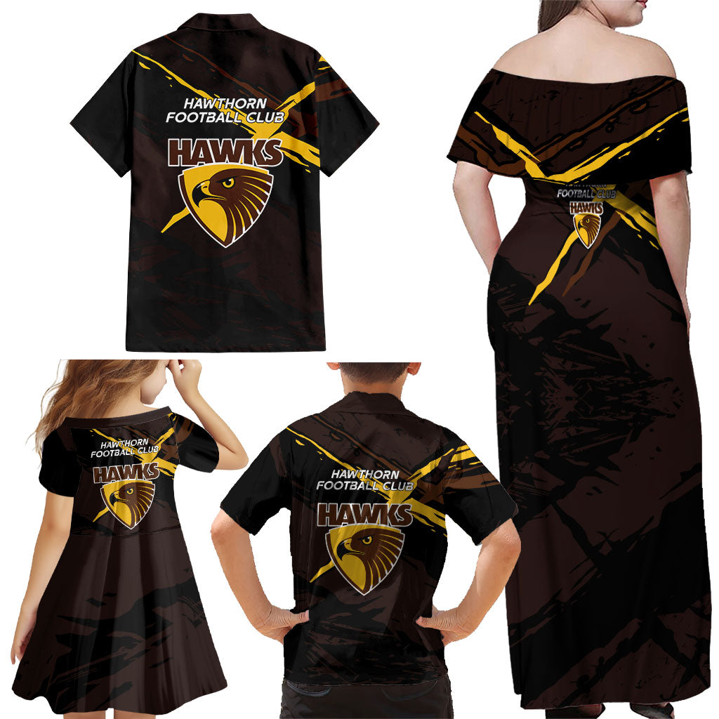 Hawthorn Football Club Family Matching Off Shoulder Maxi Dress and Hawaiian Shirt Hawks Muscular Mascot Graphic - Abstract Paint Splatter Art