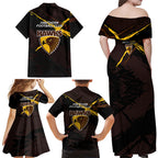 Hawthorn Football Club Family Matching Off Shoulder Maxi Dress and Hawaiian Shirt Hawks Muscular Mascot Graphic - Abstract Paint Splatter Art